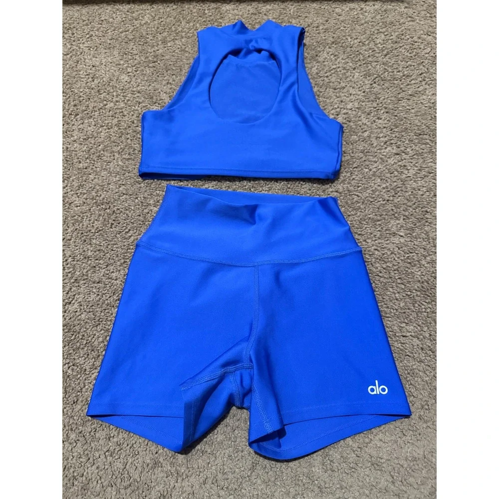 Alo Yoga Electric Blue 2 Piece Set High Neck Crop Top Biker Shorts Womens XS